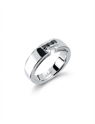 Men’s platinum ring set with three black diamonds, architectural design by D.Bachet.