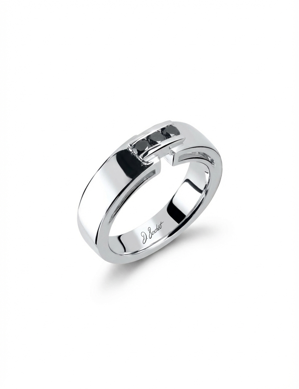 Bague homme en platine sertie de trois diamants noirs, design architectural D.Bachet.