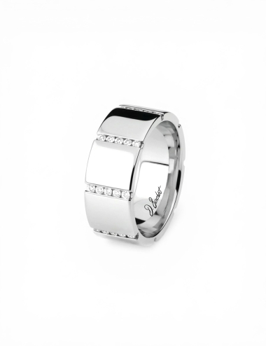 7.5 mm platinum women’s wedding band, wide sculptural design set with white diamonds.