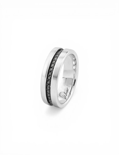 Men’s platinum wedding ring set with black diamonds, contemporary design with architectural lines.