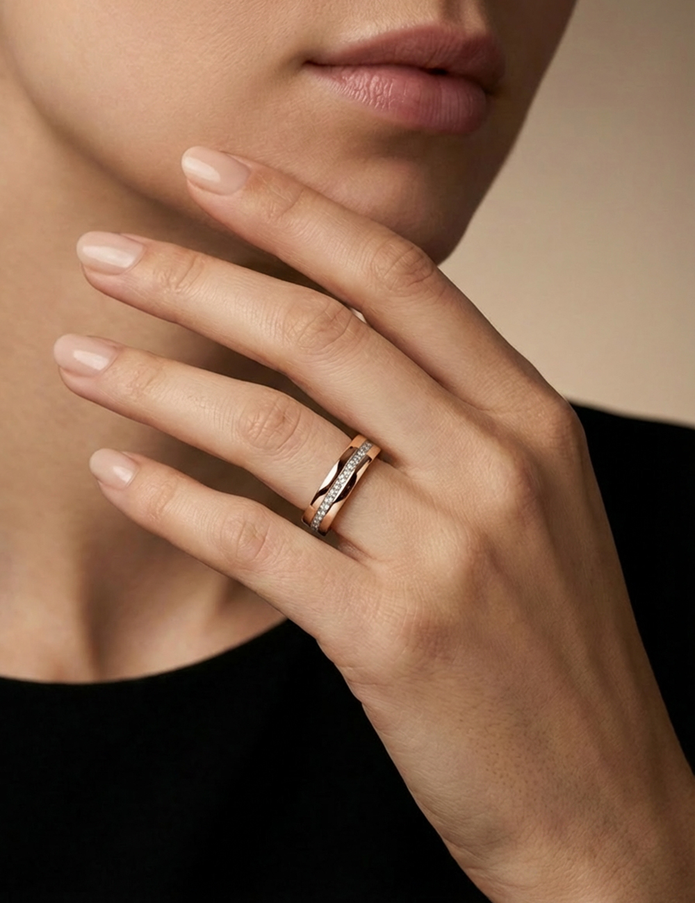 Women's modern rose gold white diamond wedding band 6 mm Sense of Light D.Bachet.