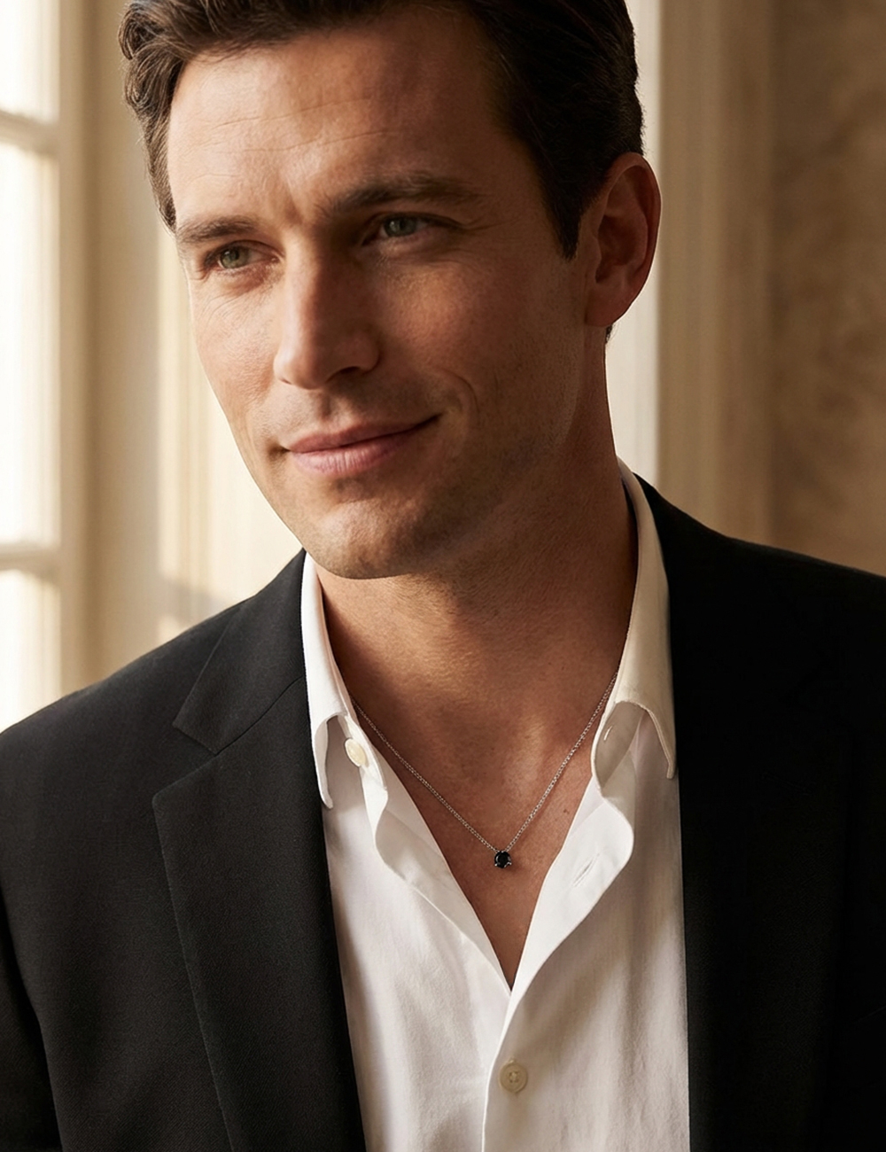 Gros plan pendentif solitaire diamant noir 1 carat D.Bachet en or blanc 18 carats.