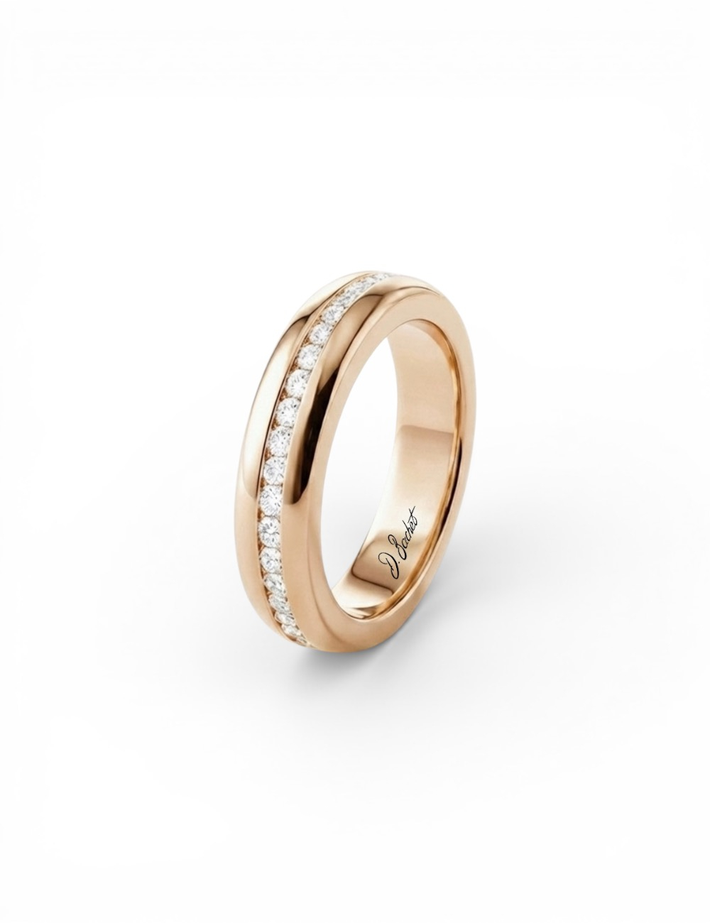 Rose gold 18k wedding band set with full circle of natural white diamonds, 4.5 mm, A Way to Love D.Bachet.