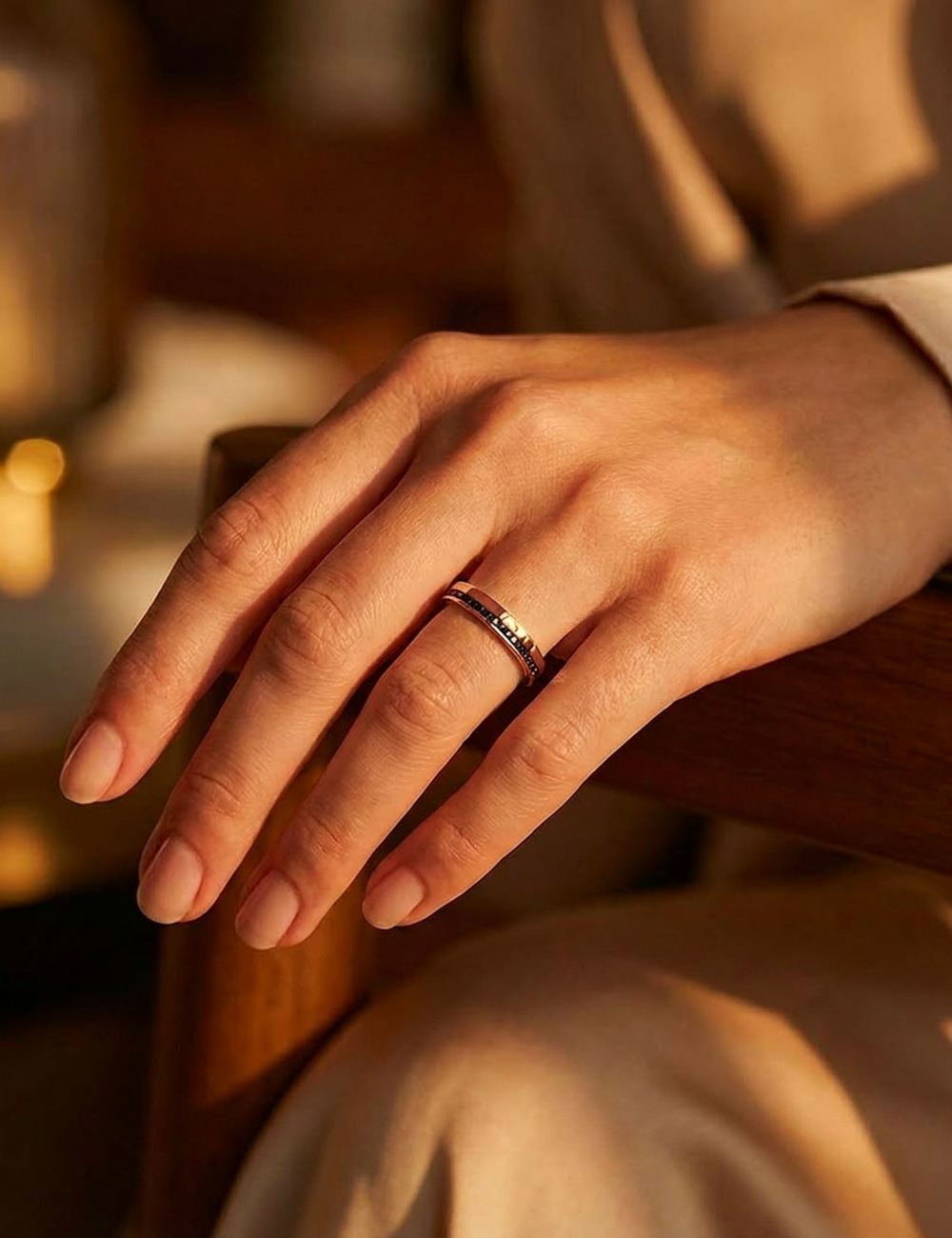 Rose gold 18k wedding band set with a line of black diamonds, 3 mm, Sweet Side of Love D.Bachet.