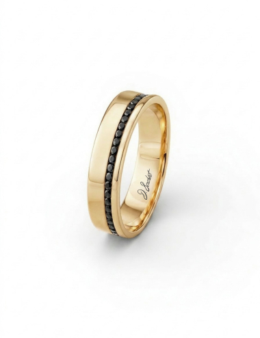 Men’s yellow gold 18k wedding band set with a line of black diamonds, 3 mm, Sweet Side of Love D.Bachet.