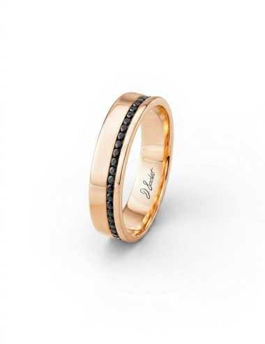 Men’s rose gold 18k wedding band set with a line of black diamonds, 3 mm, Sweet Side of Love D.Bachet.