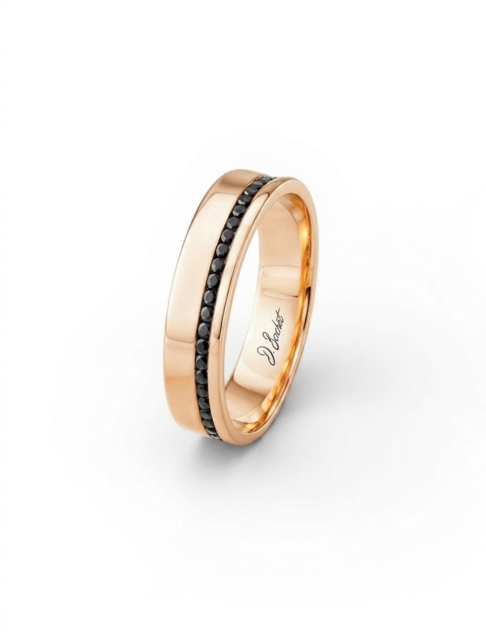 Men’s rose gold 18k wedding band set with a line of black diamonds, 3 mm, Sweet Side of Love D.Bachet.