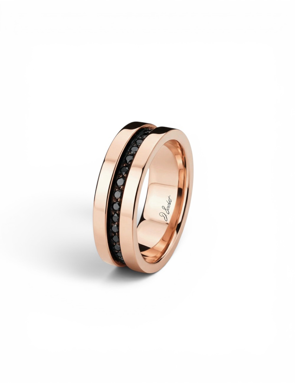 Sense of Light wide rose gold and black diamonds wedding band for men, 7mm width – D.Bachet.