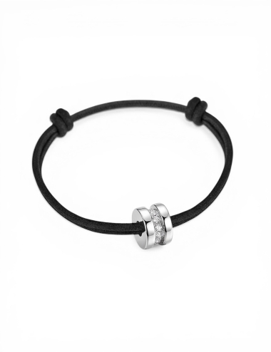 Bracelet cordon noir femme or blanc et motif cannelé serti d'une ligne de diamants blancs Sense of Light.