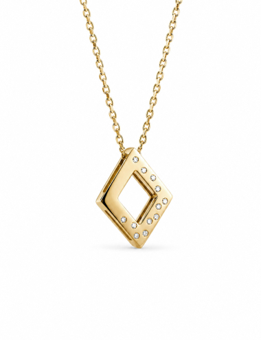 Openwork diamond-shaped pendant in yellow gold for women, set with white diamonds on one side, with matching chain.