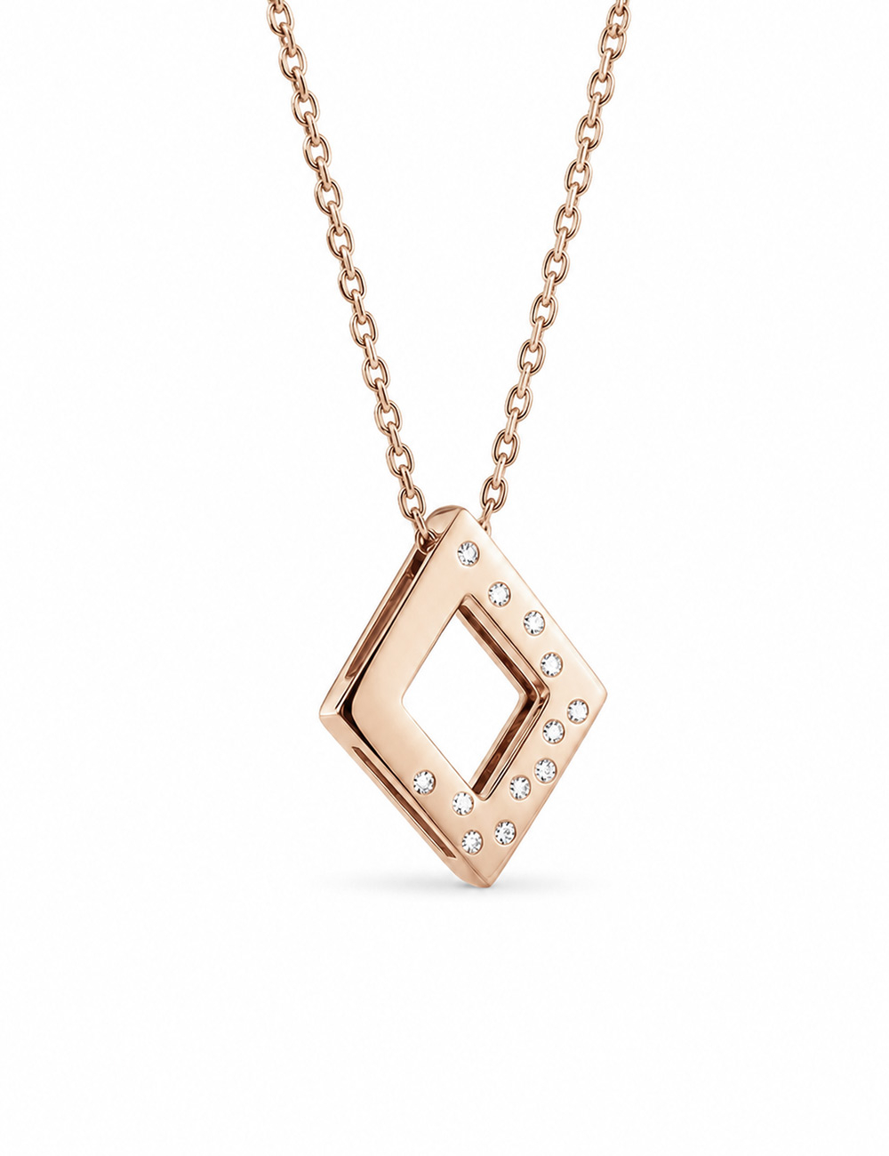 Openwork diamond-shaped pendant in rose gold for women, set with white diamonds on one side, with matching chain.