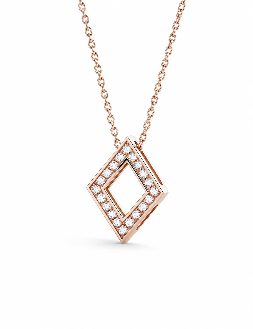 Pendentif losange ajouré en or rose entièrement pavé de diamants blancs, avec sa chaîne assortie.