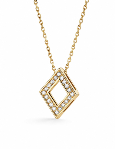 Openwork diamond-shaped pendant in yellow gold fully paved with white diamonds, with matching chain.