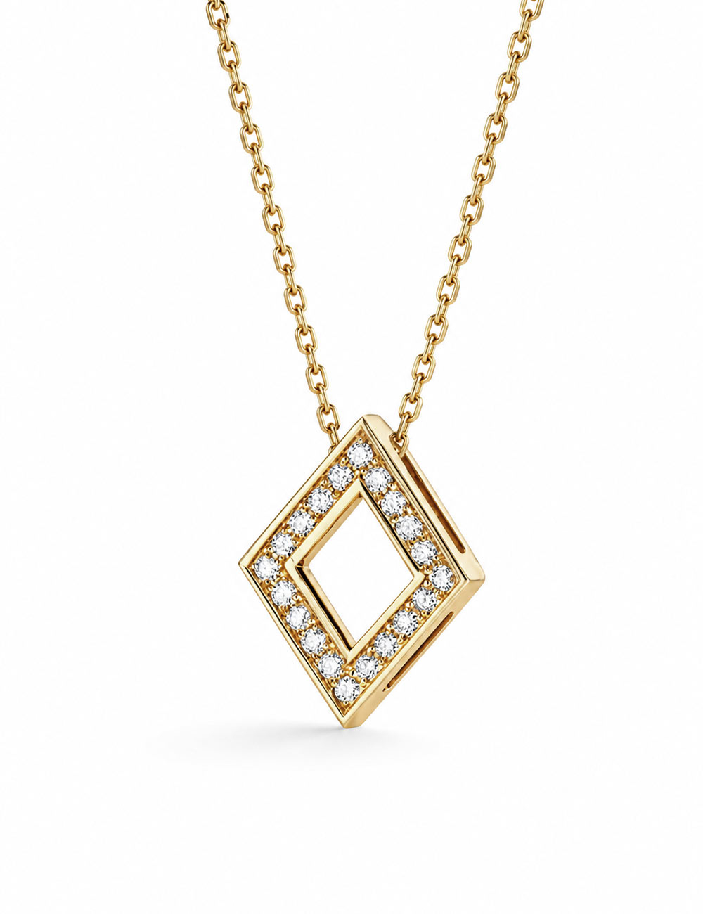 Openwork diamond-shaped pendant in yellow gold fully paved with white diamonds, with matching chain.