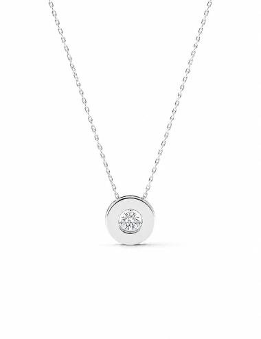 White gold Aura necklace with a sleek round pendant and solitaire diamond.