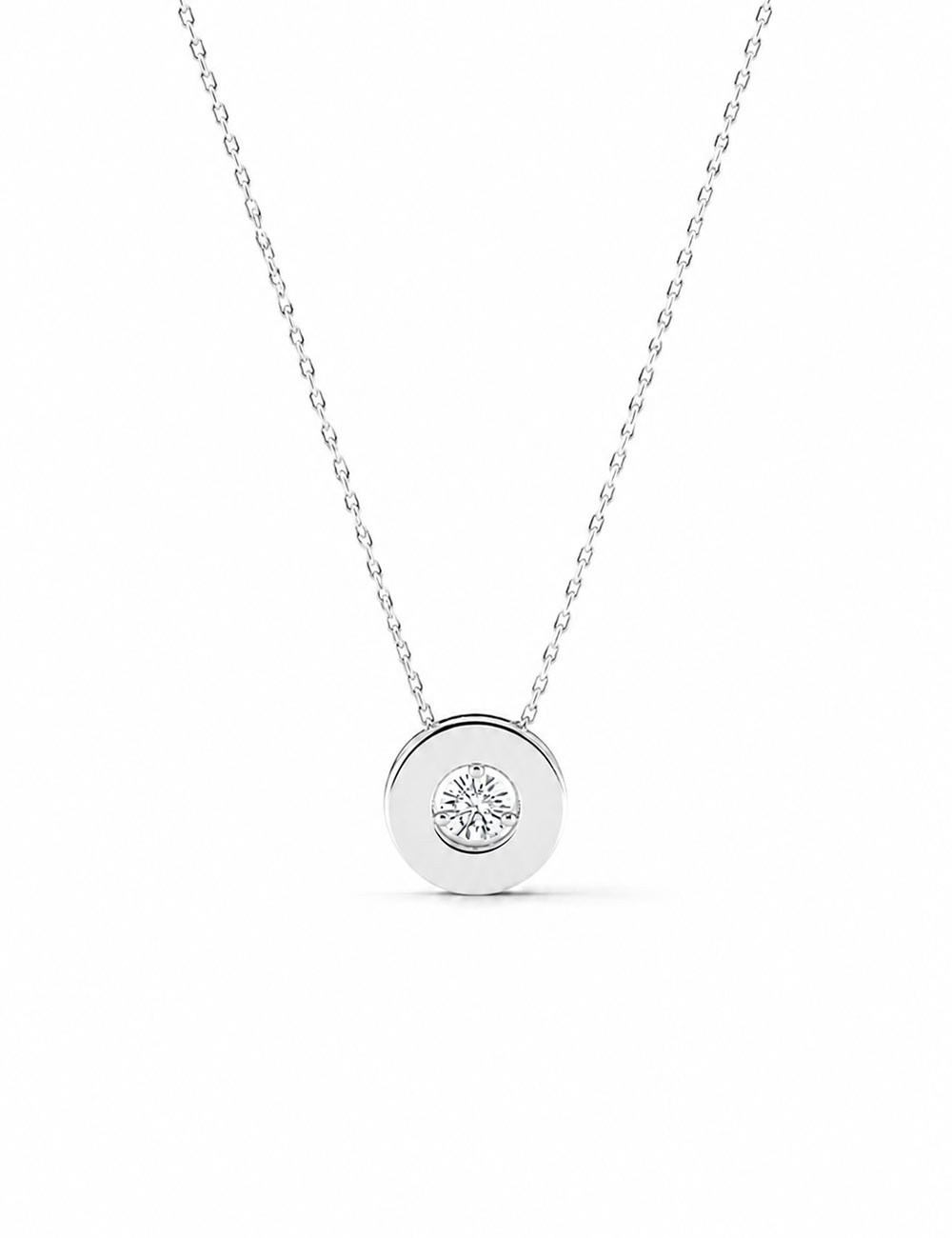 White gold Aura necklace with a sleek round pendant and solitaire diamond.