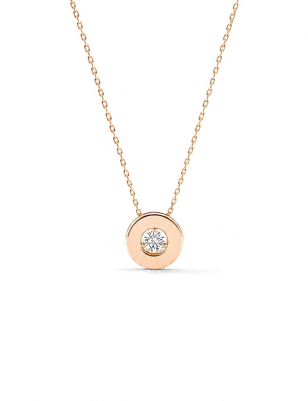 Collier Aura en or rose avec pendentif rond épuré et diamant solitaire.