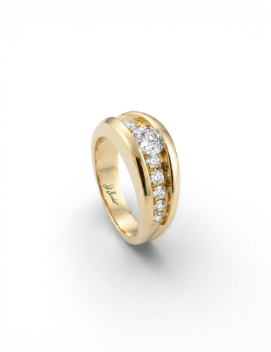 Soft yellow gold solitaire ring with a 0.50 carat white diamond and white pavé.
