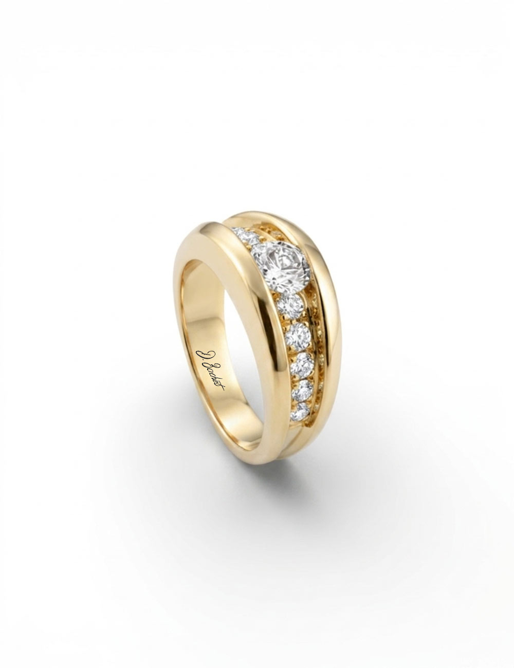 Soft yellow gold solitaire ring with a 0.50 carat white diamond and white pavé.