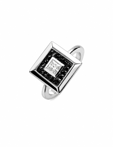 D.Bachet Select platinum ring with a central princess-cut diamond and a square halo of black diamonds.