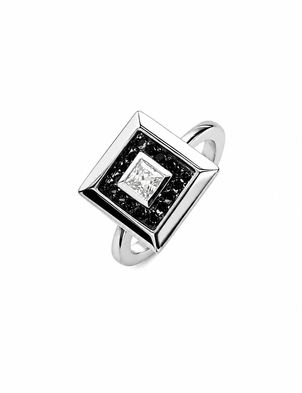 D.Bachet Select platinum ring with a central princess-cut diamond and a square halo of black diamonds.