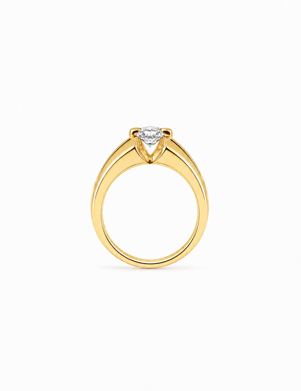 Side view of the Sweet Side yellow gold solitaire revealing its architectural openwork design.
