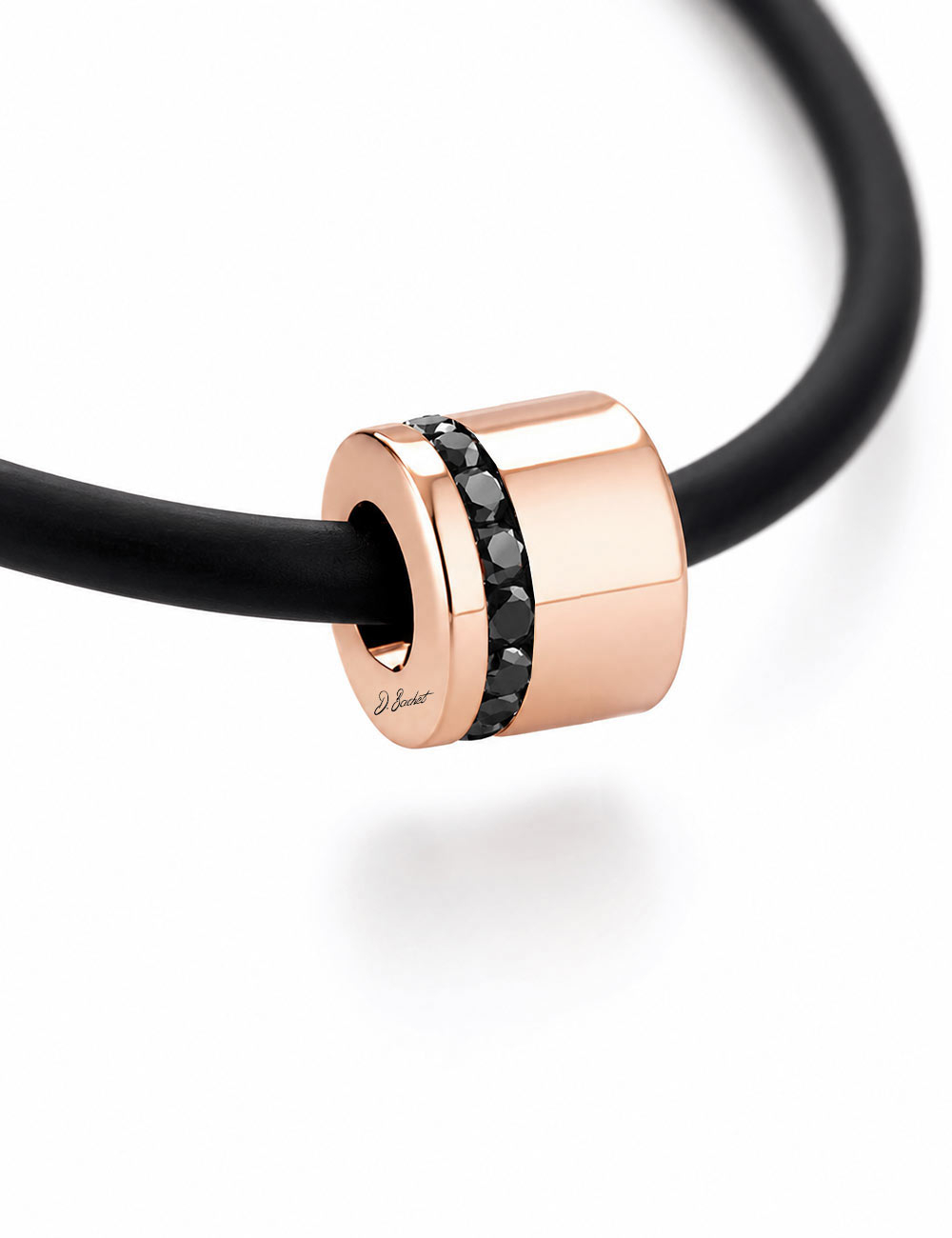 D.Bachet Sweet Side of Love men's pendant in 18k rose gold with black diamonds on a black silicone cord.