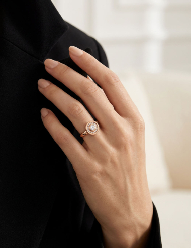 Allure 18k rose gold ring with white diamonds worn on the hand, contemporary fine jewellery creation by D.Bachet.