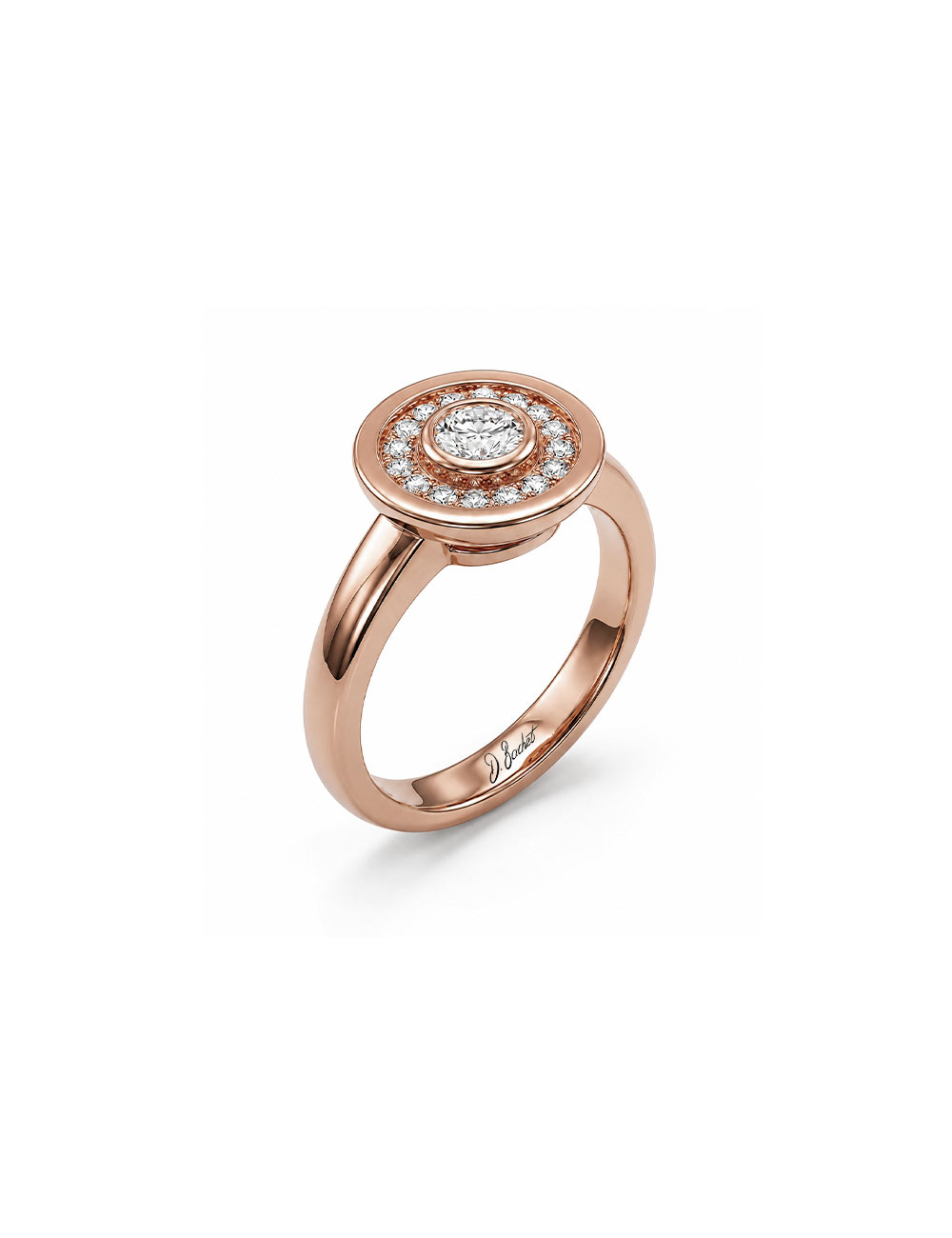 Bague Allure en or rose 18 carats sertie de diamants blancs, vue trois-quarts sur fond blanc.
