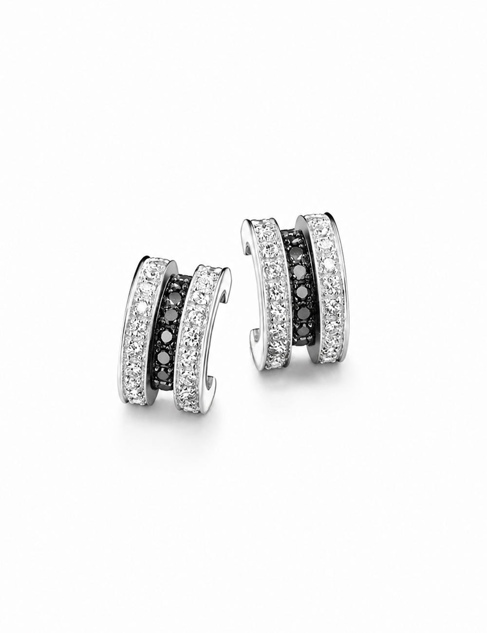 Scroll in Love 18-carat white gold huggie earrings set with white and black diamonds.