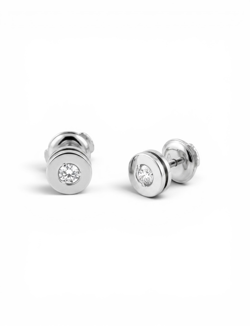 Pair of 18K white gold cylindrical openwork earrings with 0.10ct central diamond.