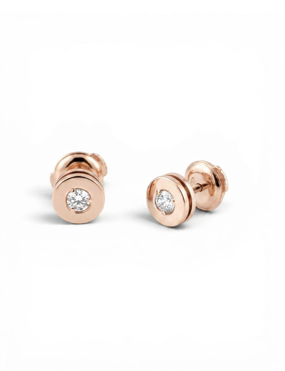 Pair of 18K rose gold cylindrical openwork earrings with 0.10ct central diamond.