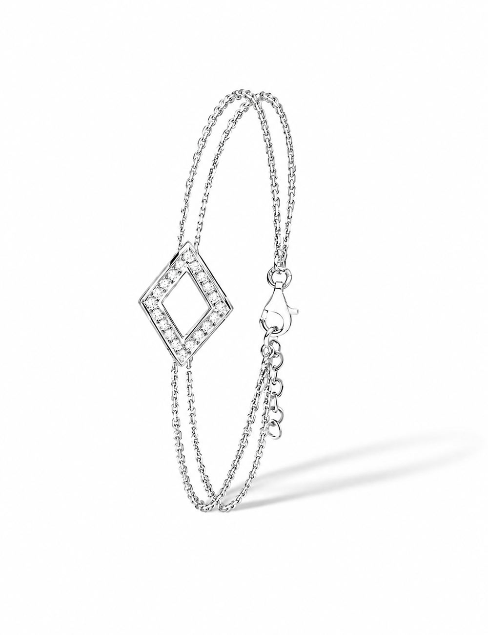 Bracelet Losange femme en or blanc 18 carats, double chaîne et motif serti de diamants blancs naturels.
