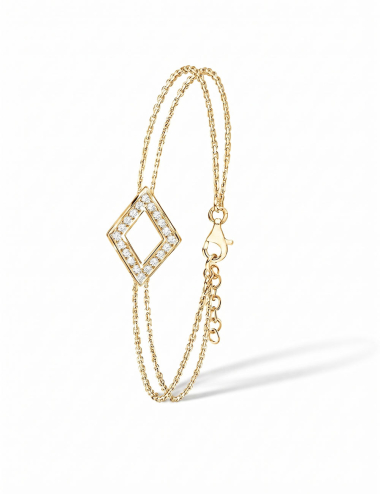 Women's 18K yellow gold bracelet with double chain and diamond-shaped motif set with natural white diamonds.