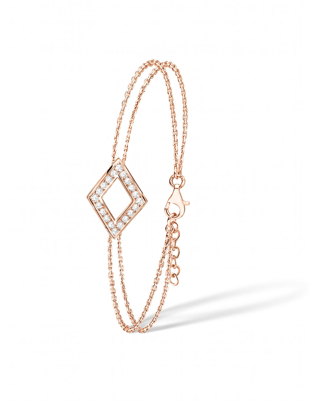 Women's 18K rose gold bracelet with double chain and diamond-shaped motif set with natural white diamonds.