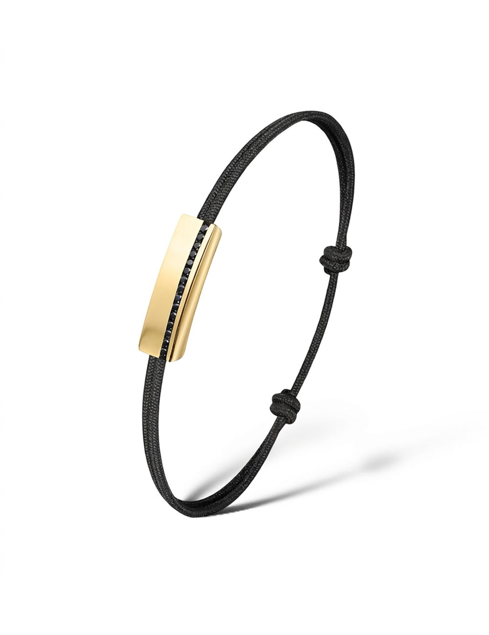 Bracelet homme Perfect en or jaune 18 carats et diamants noirs sur cordon noir.