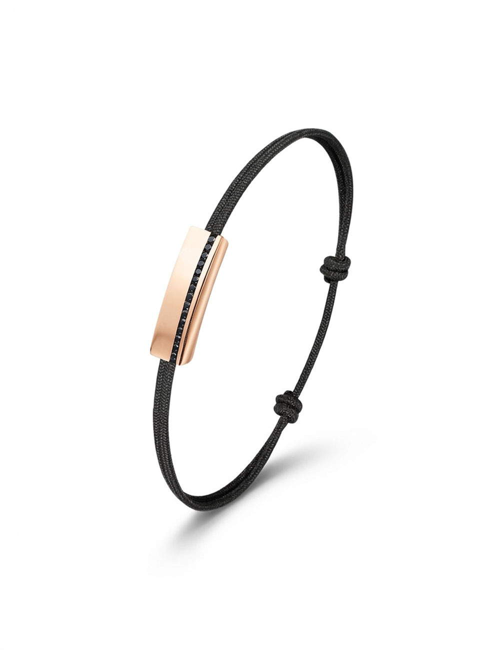 Bracelet homme Perfect en or rose 18 carats et diamants noirs sur cordon noir.
