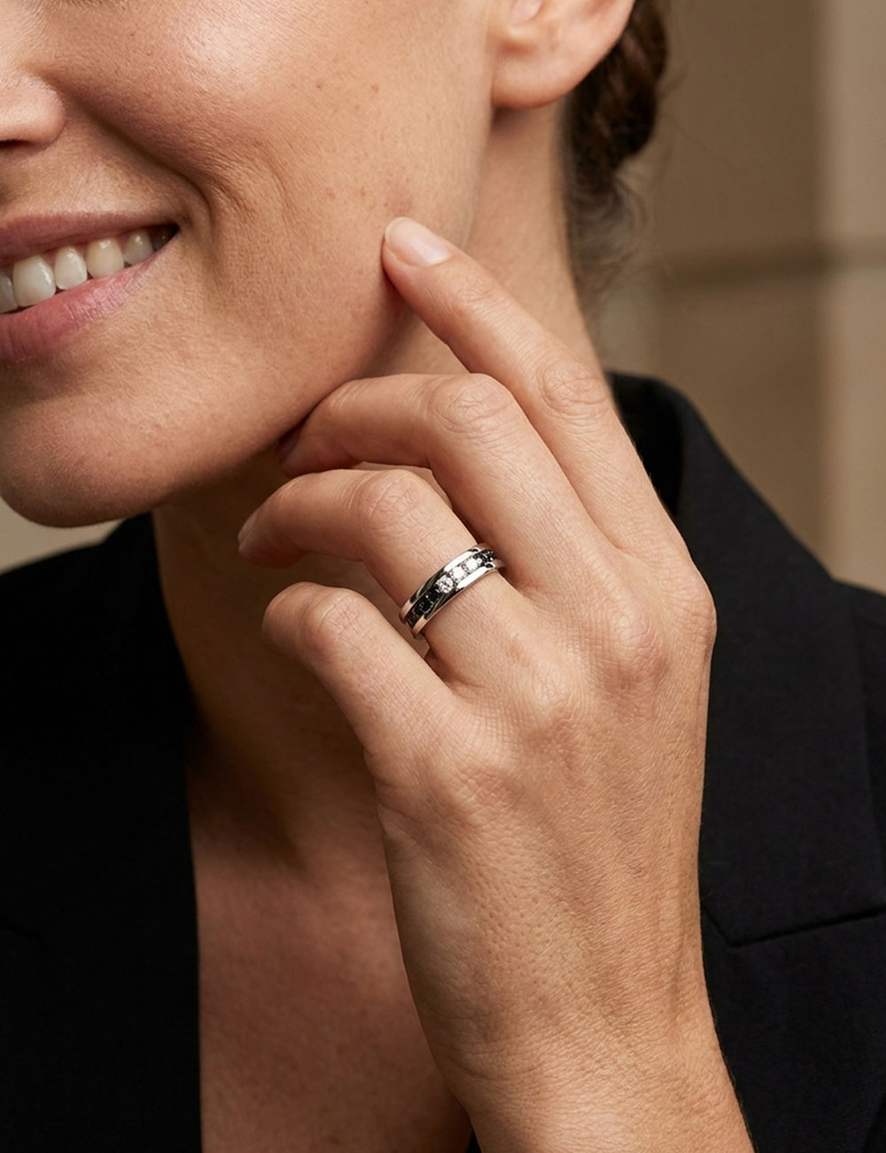 with 3 white diamonds and black diamonds, contemporary wedding band design.