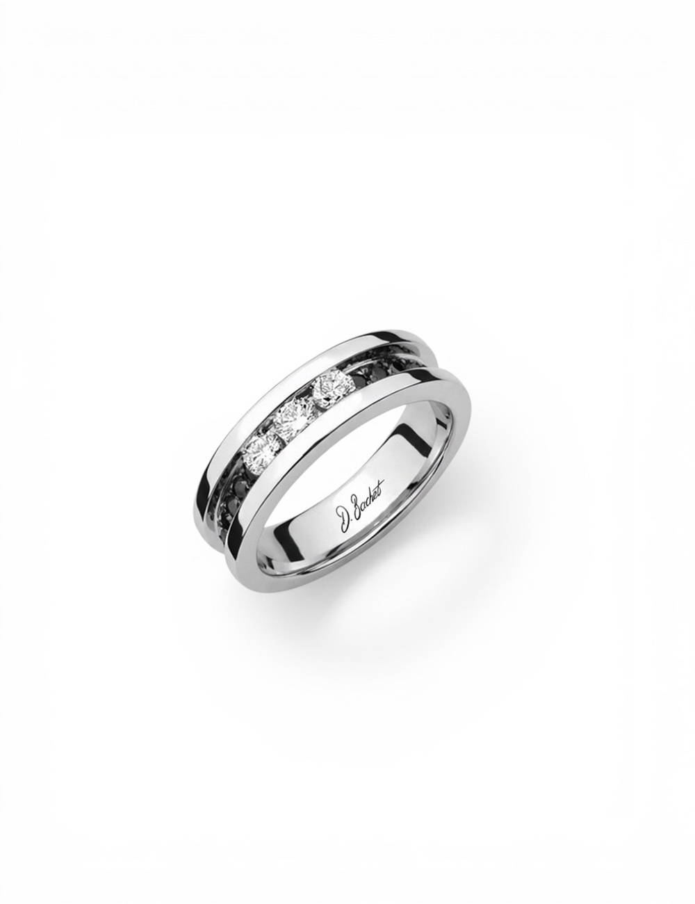 with 3 white diamonds and black diamonds, contemporary wedding band design.