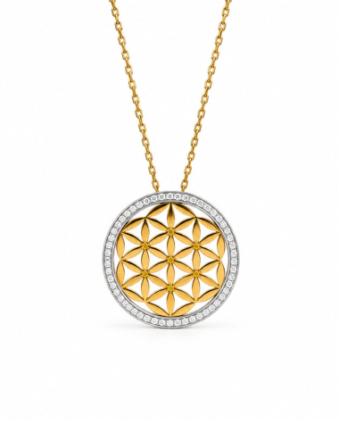 Pendentif Fleur de Vie en or jaune, platine et diamants blancs et jaunes naturels.