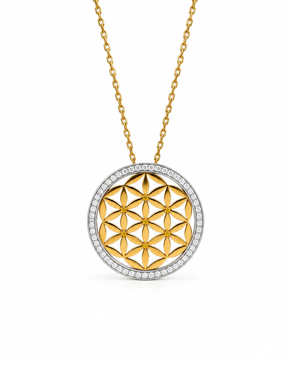 Pendentif Fleur de Vie en or jaune, platine et diamants blancs et jaunes naturels.