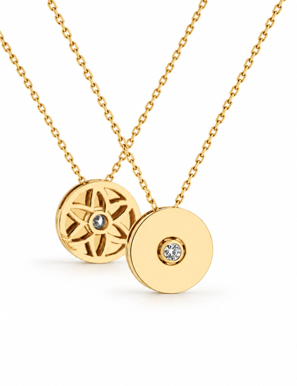 Pendentif Monade en or jaune 18 carats et diamant blanc, vue recto verso.