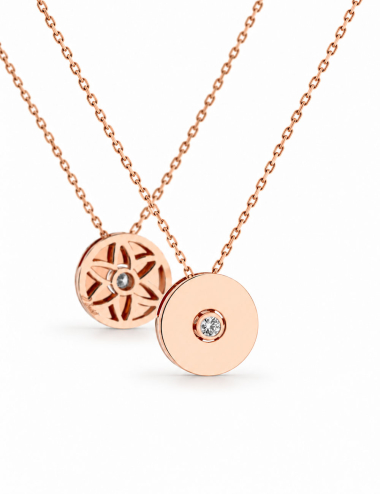 Pendentif Monade en or rose 18 carats et diamant blanc, vue recto verso.