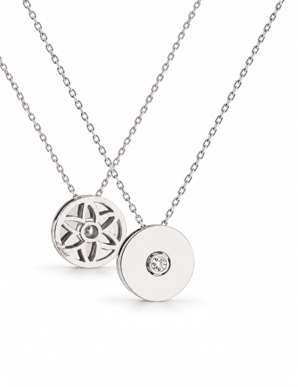Pendentif Monade en or blanc 18 carats et diamant blanc, vue recto verso.