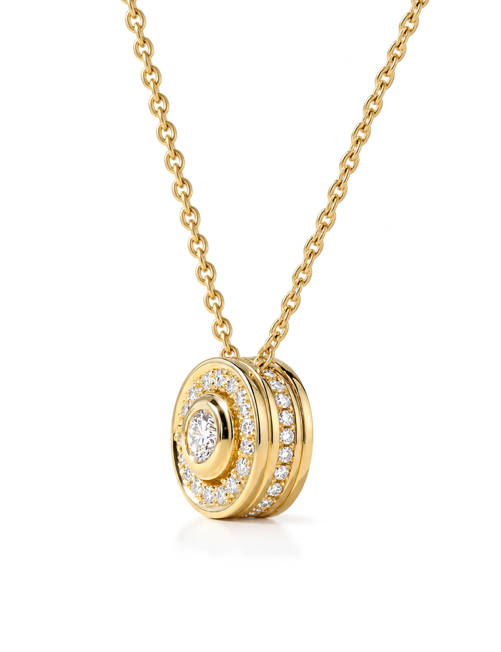 Pendentif Life en or jaune 18 carats et diamants blancs naturels, vue de trois-quarts.