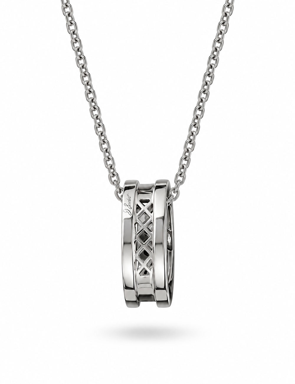 White gold pendant with black diamonds, back view with openwork structure and architectural design by D.Bachet.