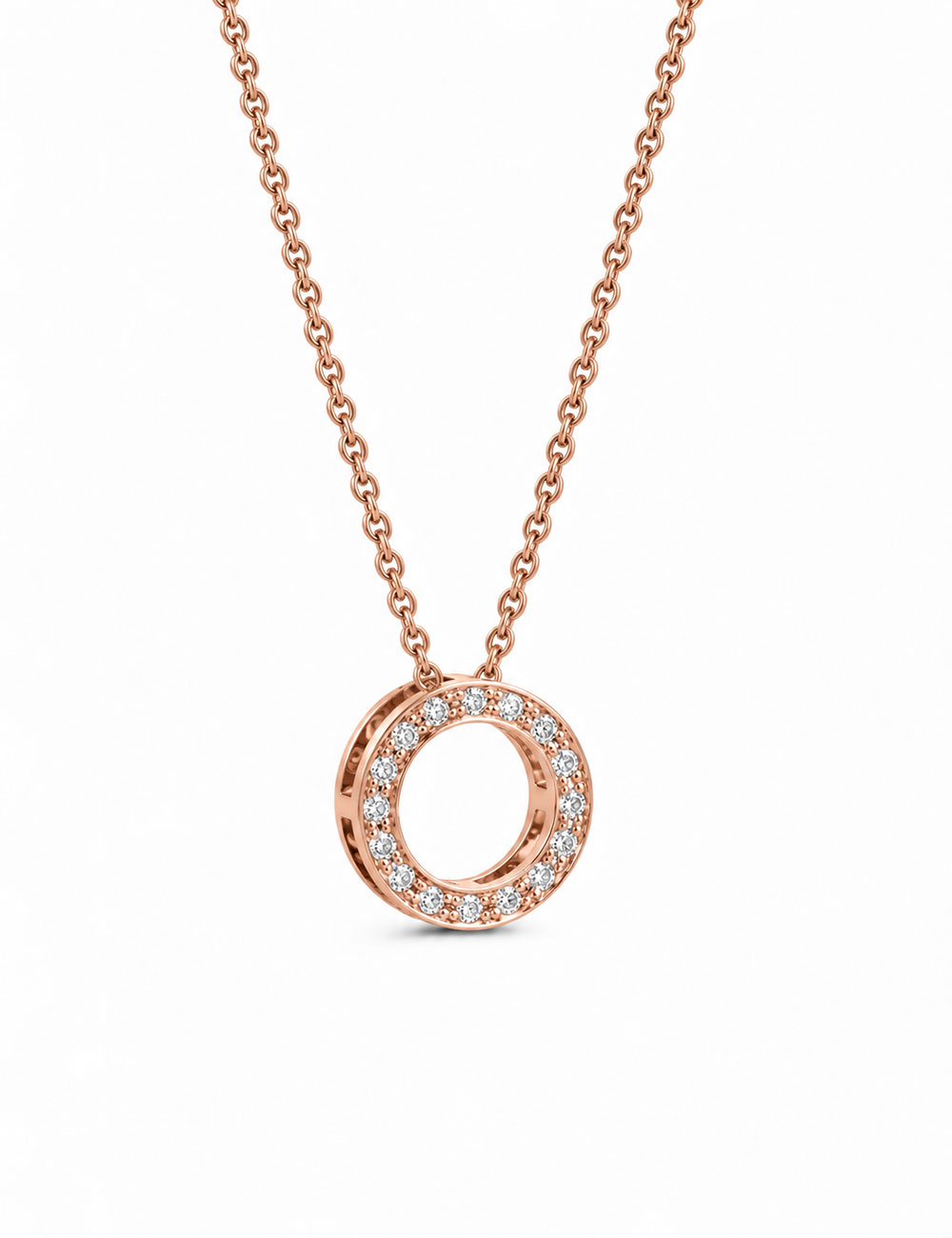 Pendentif Cercle en or rose 18 carats serti de diamants blancs, sur chaîne en or rose.