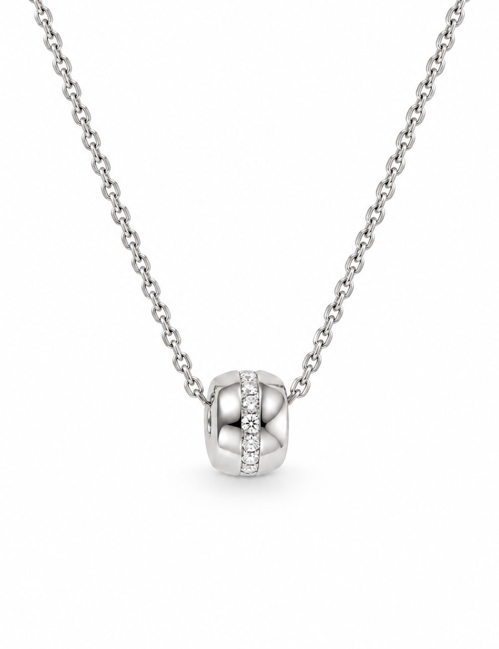 A Way to Love pendant in 18k white gold channel-set with white diamonds, on a white gold chain.