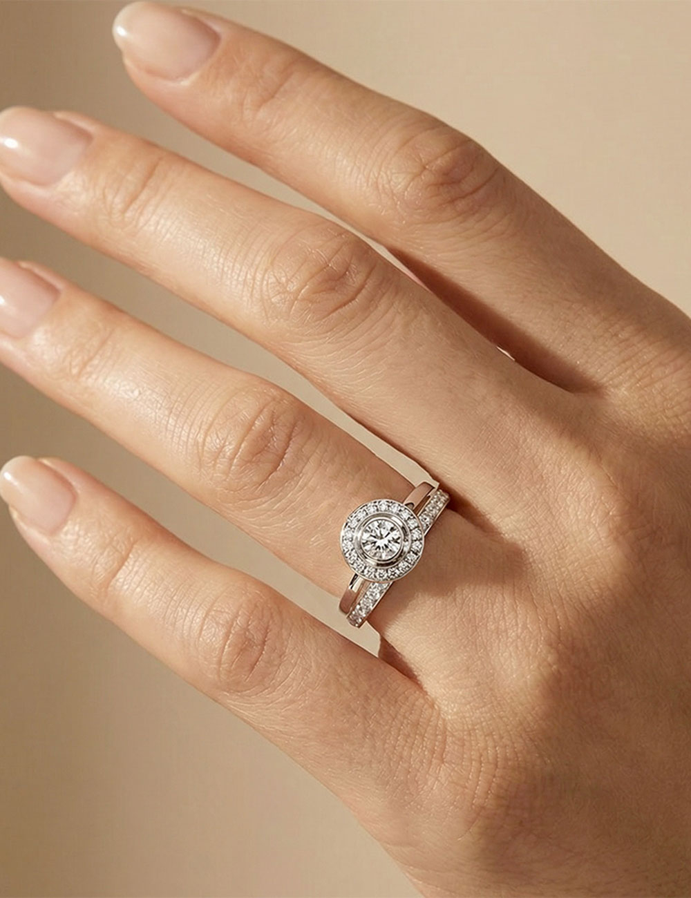 Platinum halo ring with 0.30 ct central white diamond, radiance and eternal love symbol, guaranteed elegance.