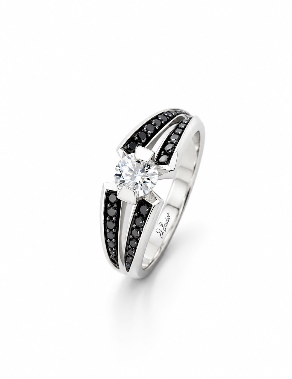 Sweet platinum engagement ring with a certified 0.50 carat natural white diamond and black diamonds.